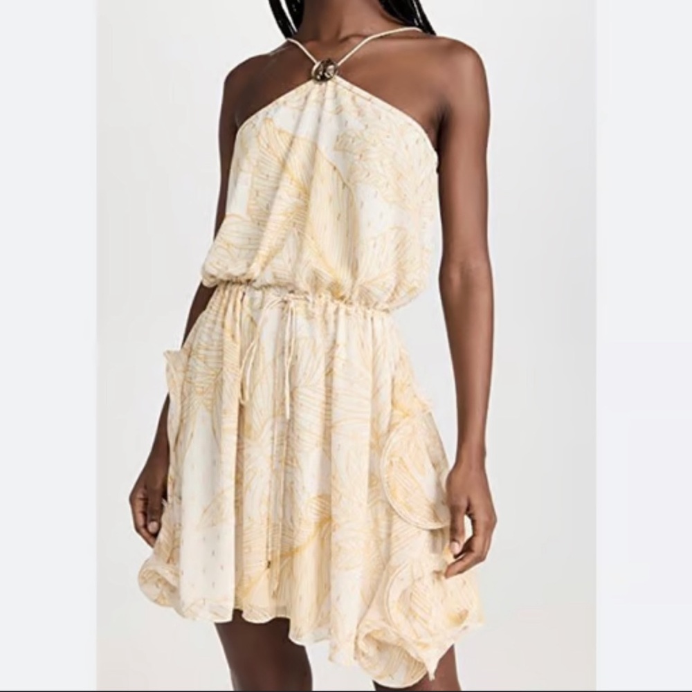 Alexis Asia Mini Dress Yellow White Pattern Ruffle Size Small